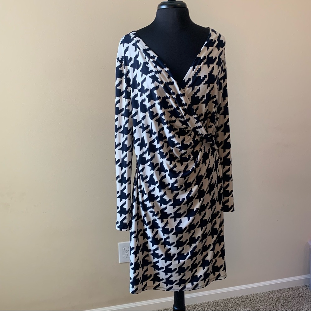 JONES NEW YORK Houndstooth Dress Navy Cream Size XL Ruched - Picture 2 of 13